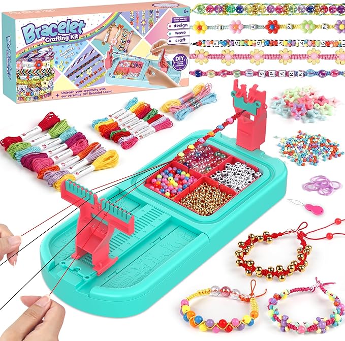 Friendship Bracelet Making Kit, Arts and Crafts Loom Bracelet Maker for Kids, Jewelry String Making supplies with 3 Thread Styles & 6 Bead Types, Christmas Birthday Gifts for Girls Ages 6 7 8 9 10+