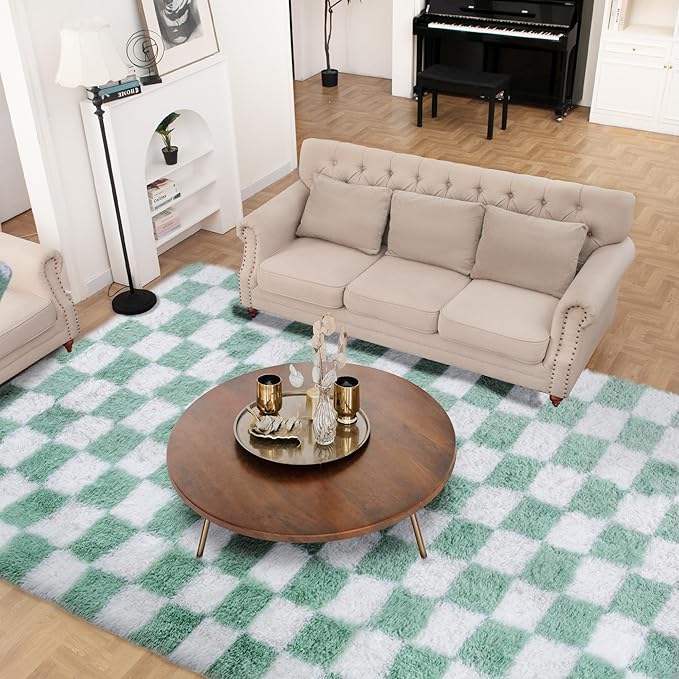 Super Soft Rug for Bedroom, 8x10 ft Sage Green and White Area Rug Classic Checkered Shaggy Anti-Skid High Pile Soft Fluffy Rug Fuzzy Carpet for Living Room Bedroom Kids Room Nursery, Dorm