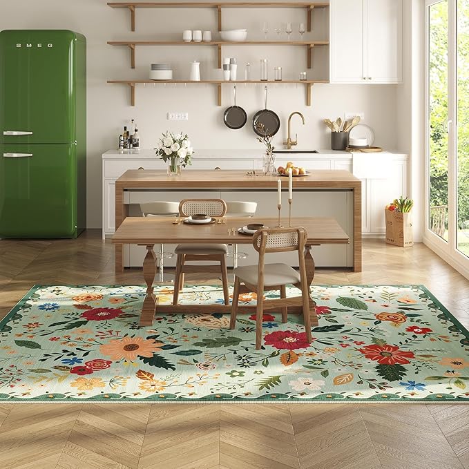 5x7 Washable Rug for Living Room, Green Floral Area Rug, Non Slip Low Pile Soft Flower Carpet, Large Rugs for Bedroom, Dining Room, Office, Kids Playroom, Nursery, Sage Green