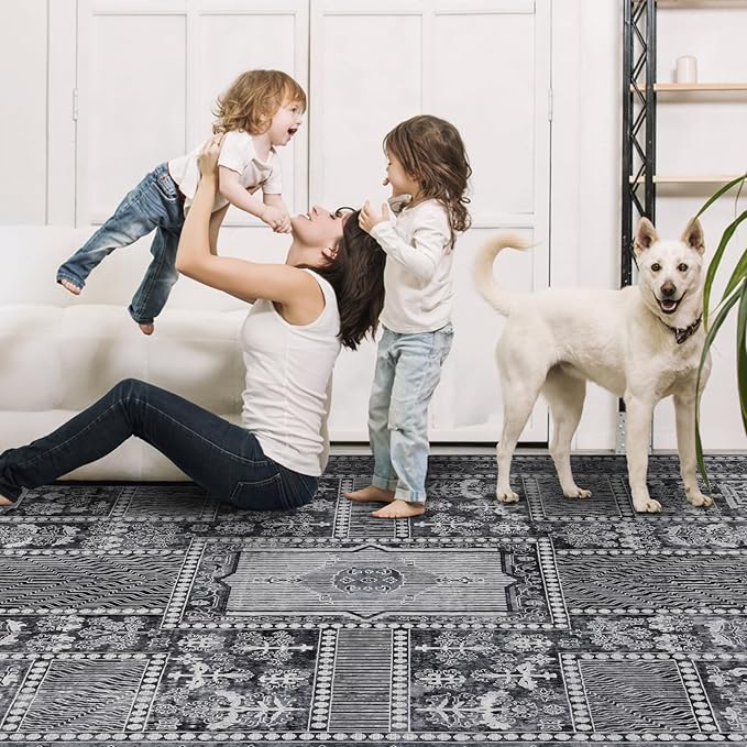 Washable 6x9 Area Rug for Living Room, Carpet for Bedroom Dining Room, Non Slip&Non-Shedding Resistant Low Pile Vintage Print Rug for Home Office (Grey)