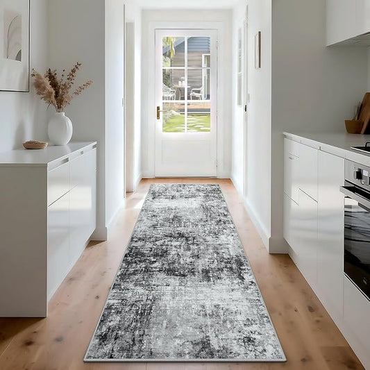 Runner Rug for Hallways Kitchen 2'6"x8' Washable, Non Slip Carpet 8ft Area Rugs Entryway Rubber Backed 8 Feet Neutral Abstract Modern Low Pile Indoor Black Grey