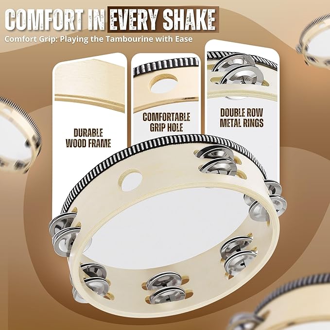 Flexzion Wood Handheld Tambourine for Kids (2 Pack) 8 Inch Double Row 12 Pair Jingles, Hand Held Percussion Drum Moon Musical Instrument with Metal Bell