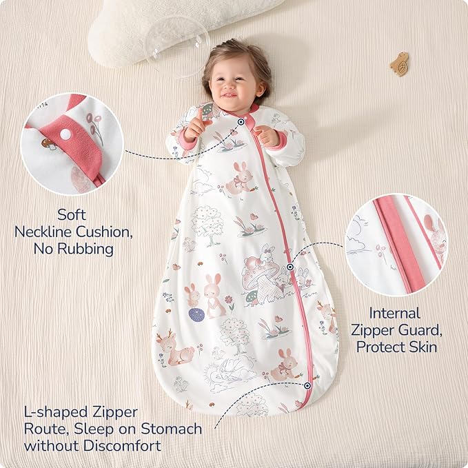 Baby Sleep Sack 18-24 Months, Cotton Detachable Long Sleeve Sleep Sack, 1.0 Tog Toddler Sleeping Sack with Temperature Strips, 2-Way Zipper Wearable Blankets for Newborns, Bunny