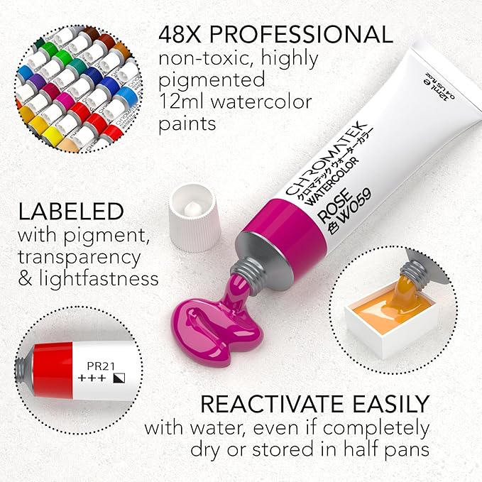 CHROMATEK Watercolor Paint Set, 84 Piece Kit, Video Tutorial Course, 48 Tubes, from Beginner to Intermediate & Professional Artists, Paper, 8 Brushes, Palette, Aquapen, Masking Tape, 12ml Tubes