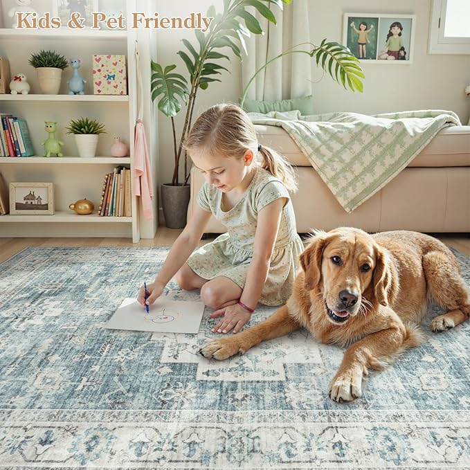 LIVEBOX Entryway Rug 3x5 Washable Area Rugs for Kitchen Bathroom, Non-Slip Front Door Mat for Bedroom, Boho Low-Pile Carpet Farmhouse Throw Indoor Mats for Bath Laundry Room, Blue