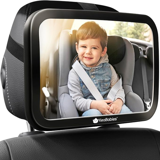 Large Shatterproof Baby Car Mirror, Backseat - Safety Car Seat Mirror for Baby Rear Facing, 360 Wide Crystal Clear View, Accessories for Removable Headrest, Easy Install & Adjustable (Sleek Black)