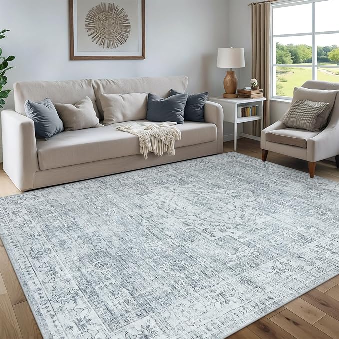 LIVEBOX Washable Area Rug 6x9 Rugs for Living Room Dining Room Under Table, Non-Slip Boho Neutral Carpet for Bedroom, Low-Pile Farmhouse Soft Carpets for Nursery Room Playroom, Grey