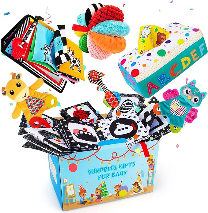 Baby Gifts Set,Infant Toys Set with Tummy Time Mirror,Plush Teethers,High Contrast Baby Books,Rattle,Tissue Box Toy,Sensory Ball for Boys Girls,Perfect Sensory Toys Gifts Basket for Shower Birthday