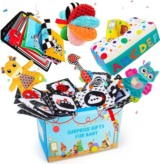Baby Gifts Set,Infant Toys Set with Tummy Time Mirror,Plush Teethers,High Contrast Baby Books,Rattle,Tissue Box Toy,Sensory Ball for Boys Girls,Perfect Sensory Toys Gifts Basket for Shower Birthday