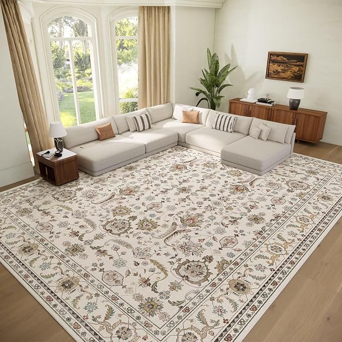 Washable 10x14 Area Rugs for Living Room, Boho Non-Slip Silicone Backing Rugs for Bedroom Dining Room Office, 0.3" Neutral Oriental Throw Carpet with 0.16" Cushioning Pad, Light Beige/Multi