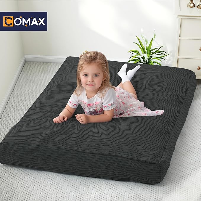 COMAX Bean Bag Chair for Kids 8-12, Toddler Beanbag Bed Corduroy, Convertible Child Bean Chair to Floor Mattress with Filler, Kid Reading Comfy Lounge Couch for Boys and Girls Bedroom, Dark Grey