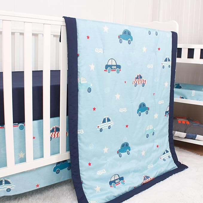 CaSaJa Baby 3-Piece Crib Bedding Set for Boys Girls, Including Soft Quilted Comforter(Blanket), Fitted Crib Sheet and Skirt, Soft Nursery Bedding Set Made of Silky Comfy Materials, Love Cars