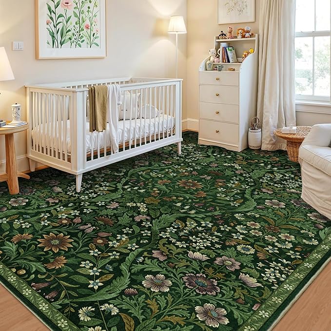 Floral Washable 6x9 Area Rug，Dark Green Boho Rugs for Living Room, Soft Low-Pile Non-Slip Stain Resistant & Non-Shedding Carpet for Bedroom, Dining Room, Office, Entryway, Nursery