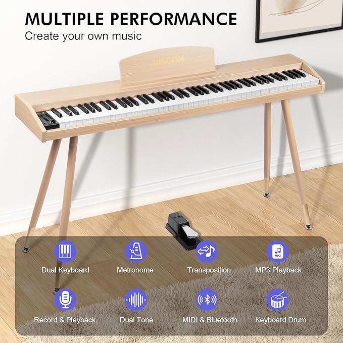 Digital Piano Keyboard for Beginners, Full Size 88 Key Semi-Weighted Keyboard Electric Piano with Stand,Power Adapter,Sheet Music Stand,Pedal,Headphone,USB-MIDI Compatible,Wood Grain Apricot