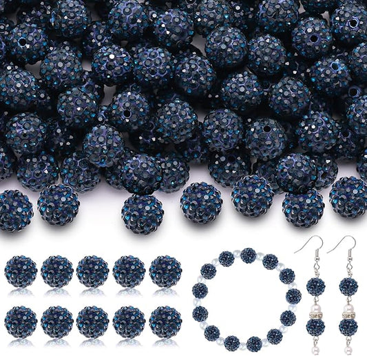 160pcs 10mm Rhinestone Beads for Jewelry Making, Blue Black Shiny Round Disco Ball Beads Bulk, Sparkle Crystal Clay Christmas for Bracelet Baseball Necklace Earring Crafting and DIY