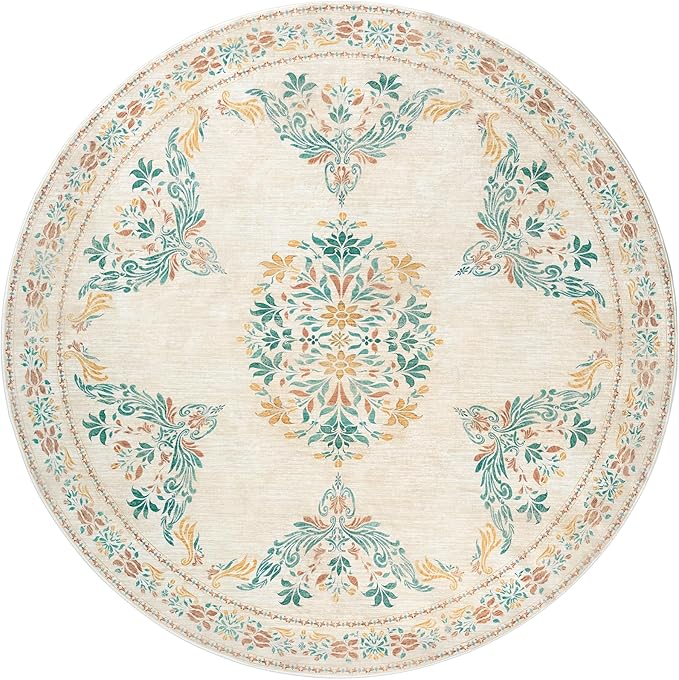 jinchan Round Rug 8ft Area Rugs,Vintage Floral Distressed Design Machine Washable Soft Non-Slip Low-Pile Ultra-Thin Circle Rug for Living Room Dining Room Bedroom Home Office (8' Round,Apricot Multi)