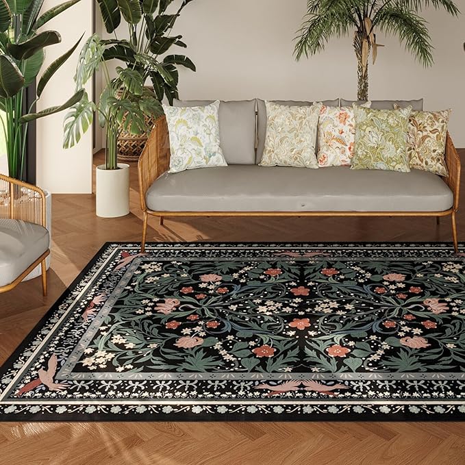 Area Rug 4x6 Rug Washable Vintage Floral Botanical Rugs Non Slip Low Pile Small Carpet for Bedroom, Bedside, Kids Room, Office, Dining Room, Black
