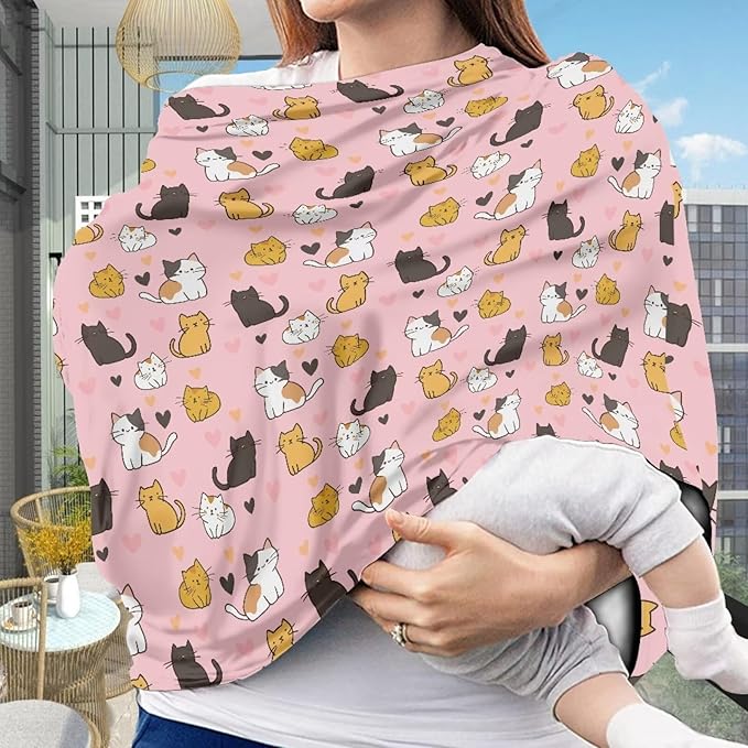 Binienty Baby Car Seat Covers - Cartoon Kitten Infant Carseat Canopy Multi-use Stretch Nursing Cover for Breastfeeding