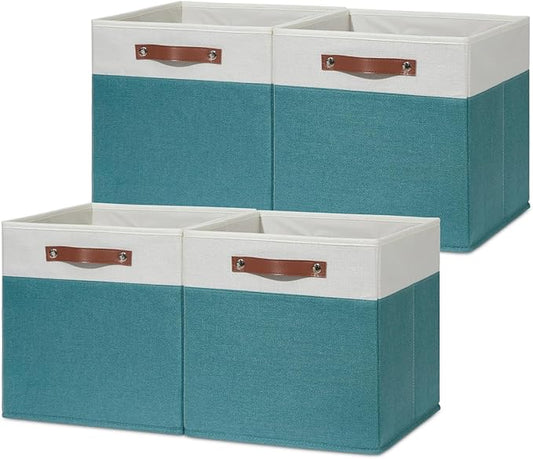 HNZIGE Fabric Storage Bins for Shelves 13x13 Storage Cubes Set Of 4 Foldable Storage Baskets with Handles for Organizing Cloth Closet Toy Nursery(Teal&White)