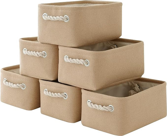 Organization and Storage Basket for Gifts Empty - 12x8x5.2 inch Small 6 Pack Collapsible Storage Box for Organizing, Fabric Storage Cubes for Cloth Books Laundry Canvas(Beige)