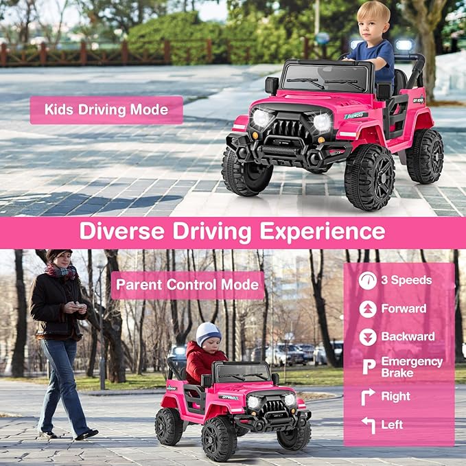 Costzon 12V Kids Ride on Truck Car, Electric Vehicle w/Remote Control, Threaded Wheels, 3 Speeds, LED Lights, Music, Horn & Wireless Connection, Battery Powered Ride on Toy for Boys & Girls 3+ (Pink)