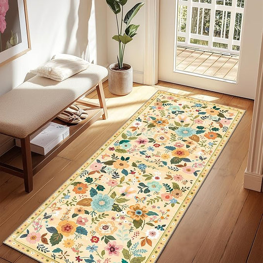Floral 2x8 Area Rug Machine Washable Soft Print Boho Carpet Non Slip Doormat Low Pile Flower Area Rugs for Living Room Bedroom Nursery Kitchen Dining Room Indoor-Ivory/Yellow