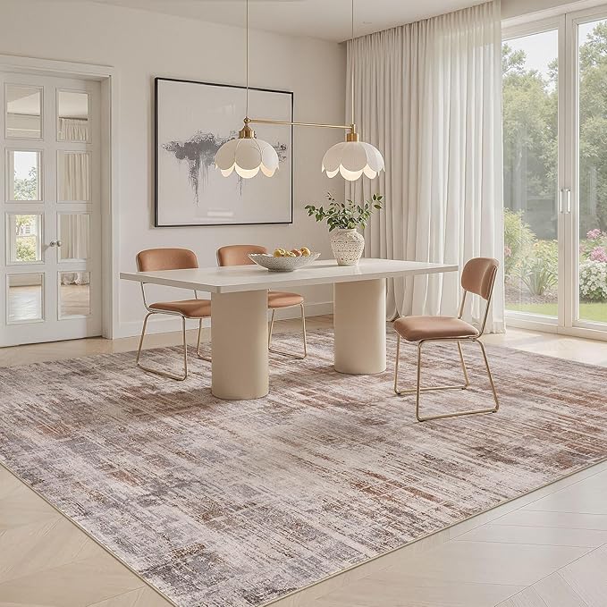 Area Rug for Living Room: 10x12 Washable Neutral Abstract Modern Soft Rugs Non Slip Indoor Floor Stain Resistant Large Carpet for Bedroom Dining Room Office Nursery - Red Brown