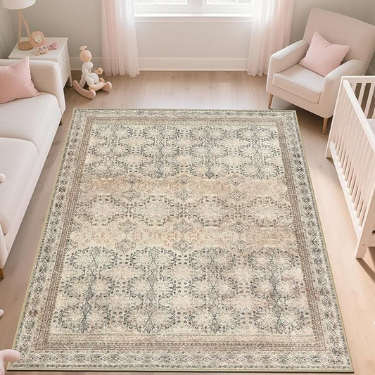 6x9 Washable Area Rug Non Slip, Thin Vintage Floral Living Room Rug Low Pile, Indoor Large Distressed Print Carpet for Bedroom, Dining Room, Farmhouse, Home Office, College Dorm Beige/Pink/Orange