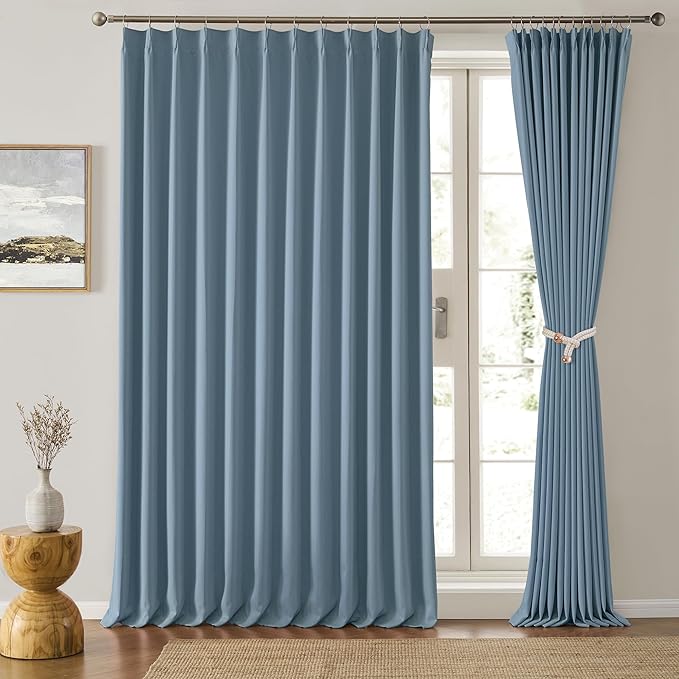 KEQIAOSUOCAI Dusty Blue Pleat Wide Width Drapes 80 x 84 inch Long 2 Panels - Thermal Insulated Room Divider Curtains for Bedroom/Living Room/Patio, Pinch Pleated Curtain Panel with Hooks