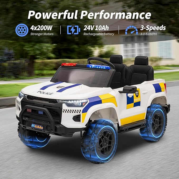 24V 10Ah Electric Police SUV Car Ride-On Toy for Big Kids, 4WD 2-Seater w/Parental Remote Control, 5Mph Max Speed - White