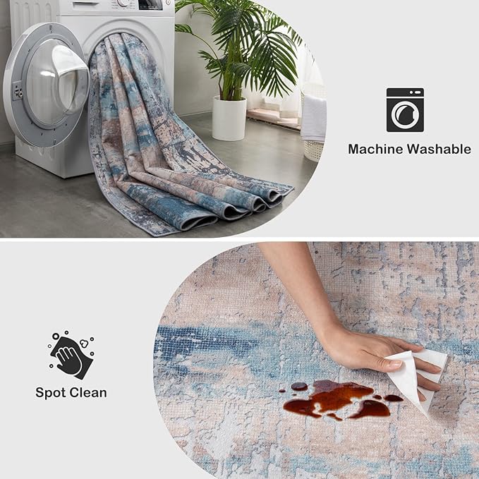 Area Rug Living Room Rug, 4x6 Modern Abstract Washable Rug Beige Blue Non Slip Foldable Faux Wool Vintage Carpet, Fluffy Non-Shedding Rugs for Living Room, Bedroom, Dining Room, Kids Playroom