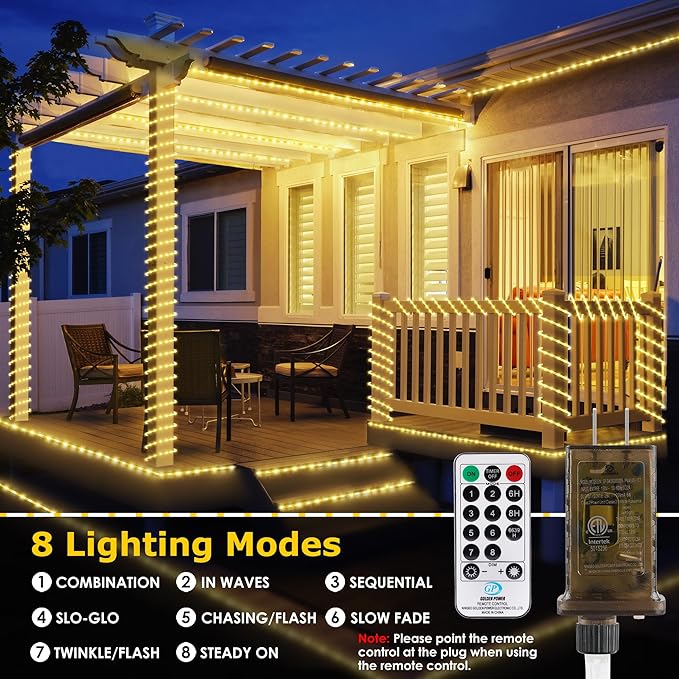 Connectable 66ft 800 LED Rope Lights Outdoor, Warm White Strip Lights Plug in, Outdoor String Lights Waterproof Decorative Lighting for Deck Patio Yard Garden Pathway Pool Camping Room Indoor Décor