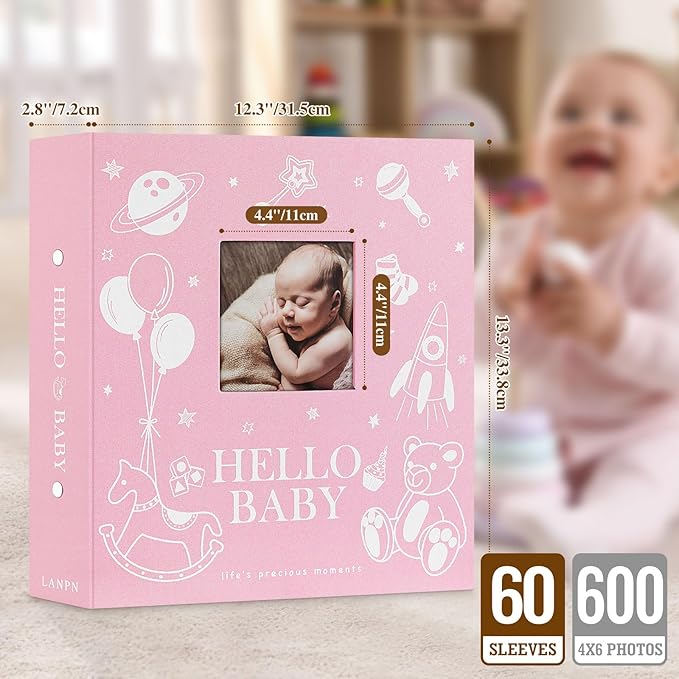 Lanpn Baby Photo Album 4x6 600 Pockets, Linen Cover Photo Book Newborn Bebe Album Memory Book with Front Window Holds 600 Horizontal and Vertical Pictures Gift for Boy Girl Baby Shower Pink