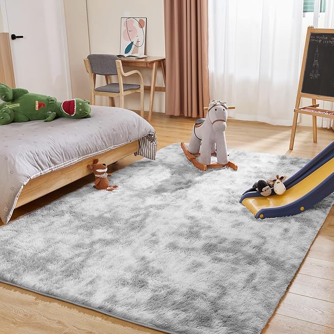 8x10 Area Rugs for Living Room, Ultra Soft Fluffy Rugs for Bedroom, Anti-Skid High Pile Indoor Carpet for Nursery, Study Room, Playroom, Home Decoration, Tie-Dyed Light Grey