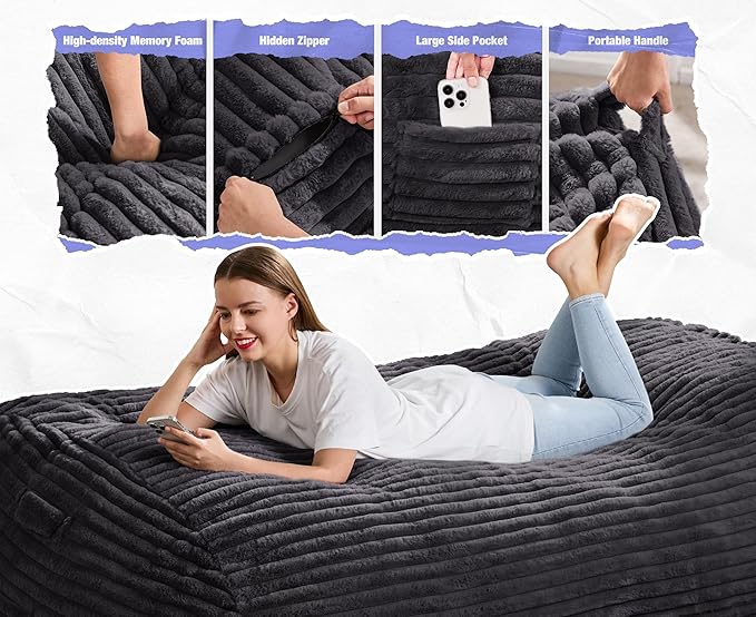 Hobestluk 6FT Bean Bag Chairs Adult Bean Bag with Portable Handle Comfy Large Bean Bag Lounge Chair with Removable Cover for Living Room Bedroom (Stripe Dark Grey, 6FT)