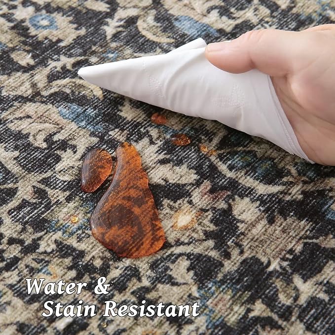 Washable 5x7 Area Rugs for Living Room, Boho Non-Slip Silicone Backing Rugs for Bedroom Dining Room Nursery Office, 0.3" Neutral Oriental Throw Carpet with 0.16" Cushioning Pad, Black/Multi