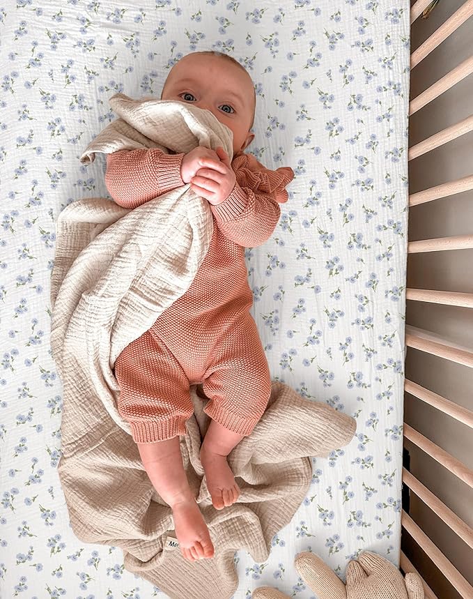 Bassinet Sheet for Baby Boy and Girl 2 Pack, Fitted Sheets for Rectangle, Oval, Hourglass Bassinet Mattress, Muslin Moses Basket Sheets with Neutral Style (Bluebell Bloom & Light Blue)