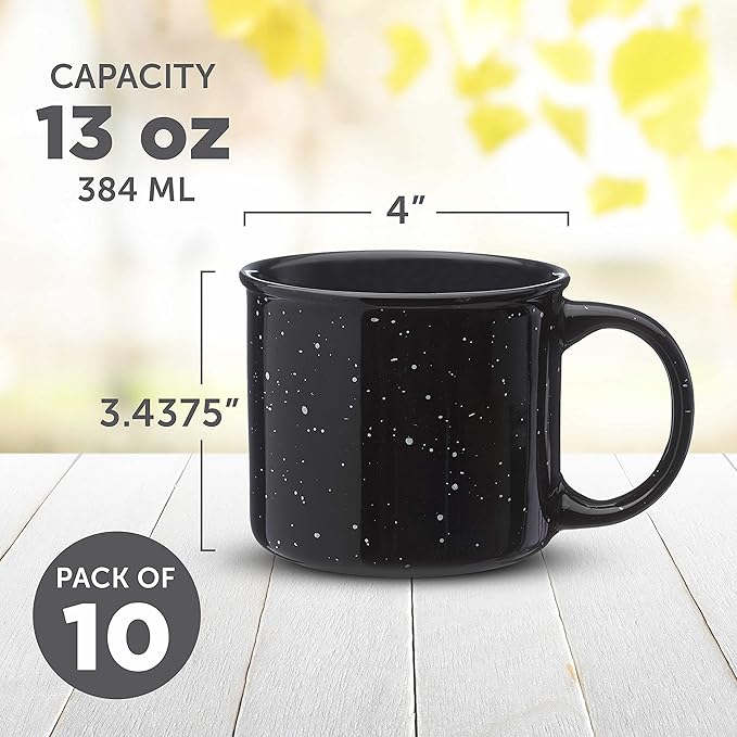 DISCOUNT PROMOS Ceramic Campfire Coffee Mugs 13 oz. Set of 10, Bulk Pack - Perfect for Tea, Espresso, Cappuccino, Hot Cocoa - Black