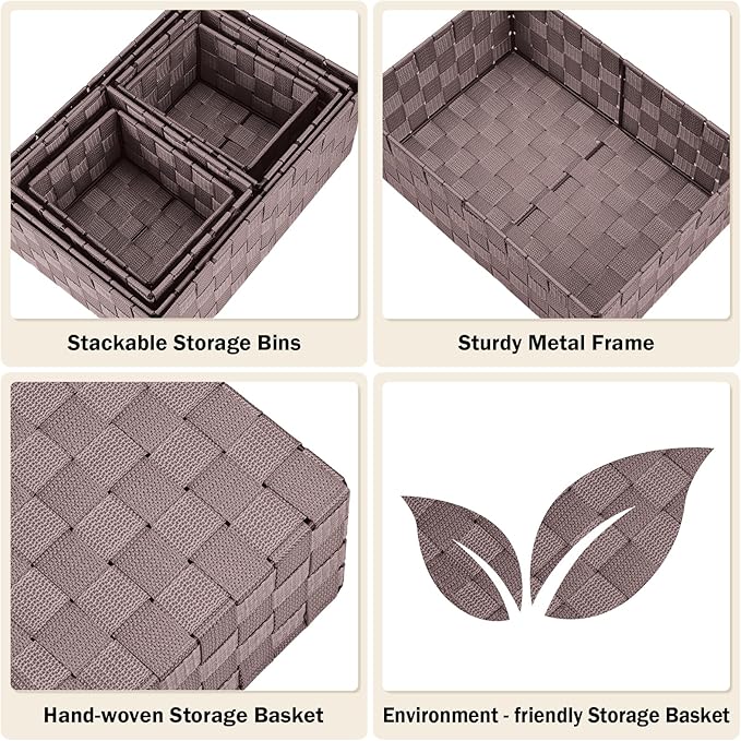 Woven Storage Baskets, Storage Bins, Cube Basket Container Baskets Storage Boxes Organizers for Clothes /Shelves/ Closet, Set of 6 (Brown)