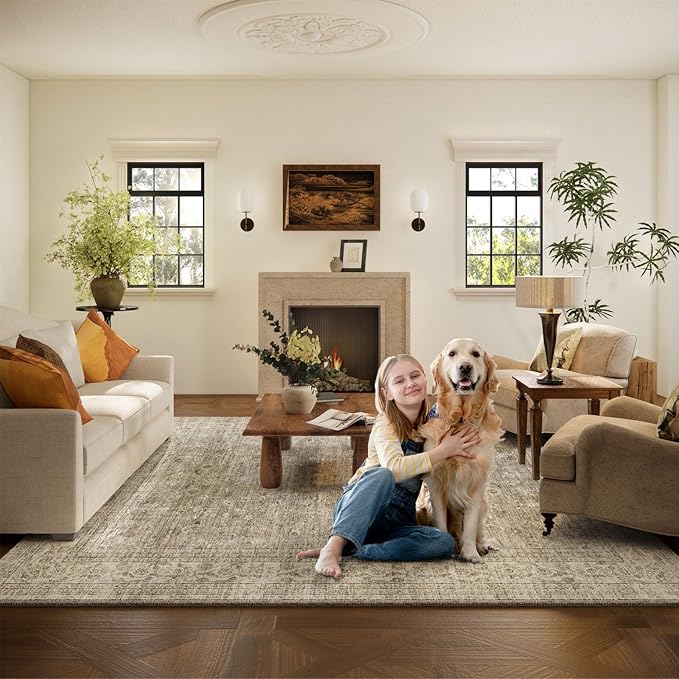 Machine Washable Rugs for Living Room: 6x9 Area Rugs for Bedroom Vintage Stain Resistant Non Slip Low Pile Lightweight Boho Carpet for Kitchen Dining Room Farmhouse Kids Room Nursery