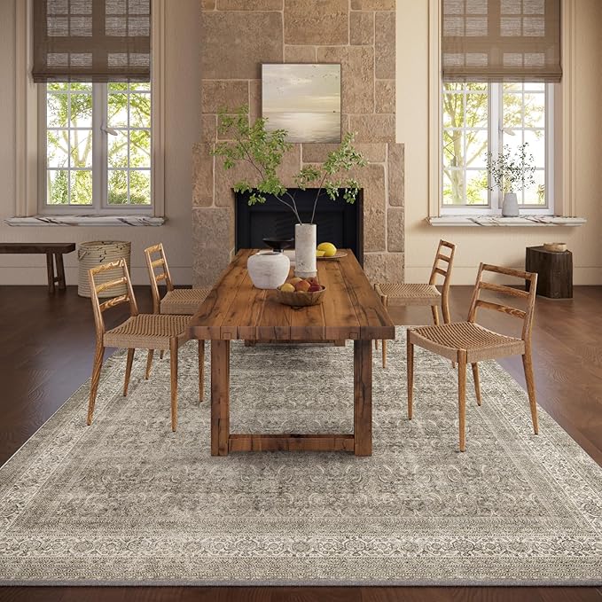 Washable Area Rugs for Living Room: 8x10 Bedroom Rug Boho Vintage Area Rug Stain Resistant Non Slip Low Pile Lightweight Soft Carpets for Dining Room Kitchen Nursery Kids Room Farmhouse