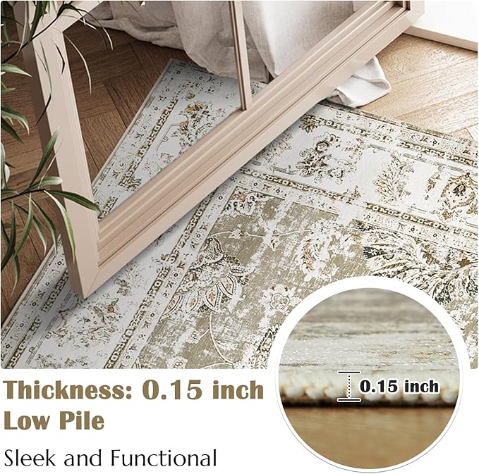 jinchan Vintage Floral 5x7 Area Rugs for Bedroom - Machine Washable Distressed Design Stain Resistant Boho Carpet Ultra-Thin Low Pile Non-Slip Rug for Living Room Dining Room Kitchen (5‘x7',Taupe)