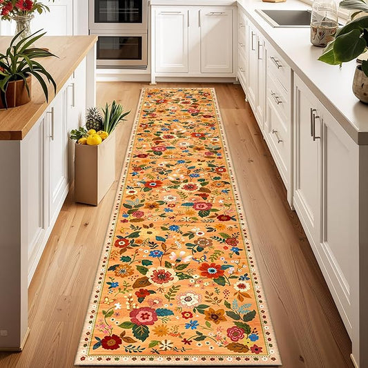 Floral 2x10 Area Rug Machine Washable Soft Print Boho Carpet Non Slip Doormat Low Pile Flower Area Rugs for Living Room Bedroom Nursery Kitchen Dining Room Indoor-Yellow/Orange