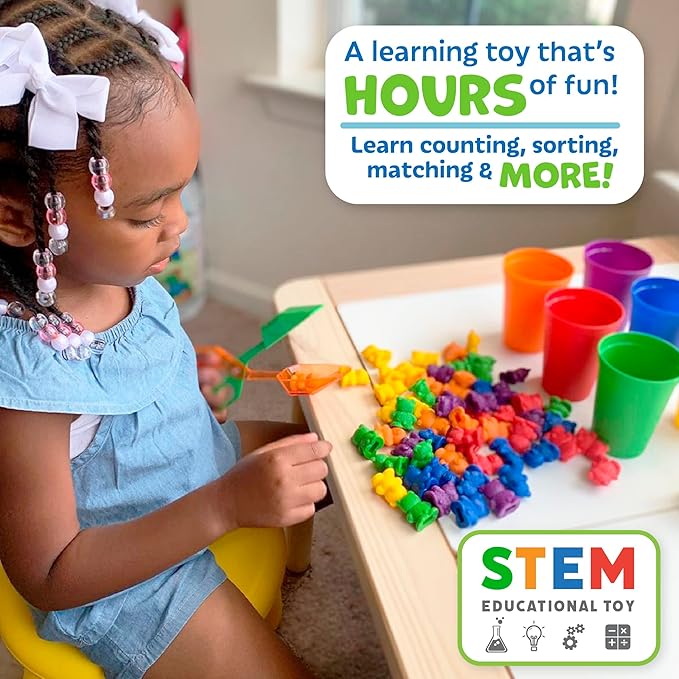 Skoolzy 60 pcs Rainbow Counting Bears 5 pk - Teddy Bear Bounters with 6 Color Sorting Cups, Math Games Dice Toy, Montessori Tong & 2 Storage Bags - Counting & Color Recognition Toys for Age 3+