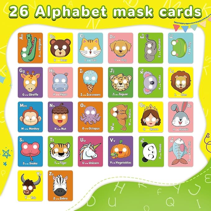26 PCS Alphabet ABC Flash Cards with Animal Masks, Colorful Alphabet Mask Cards, Giant Letter ABC Animal Faces Flash Learning Flashcards, Interactive Education Games, Learn Letters