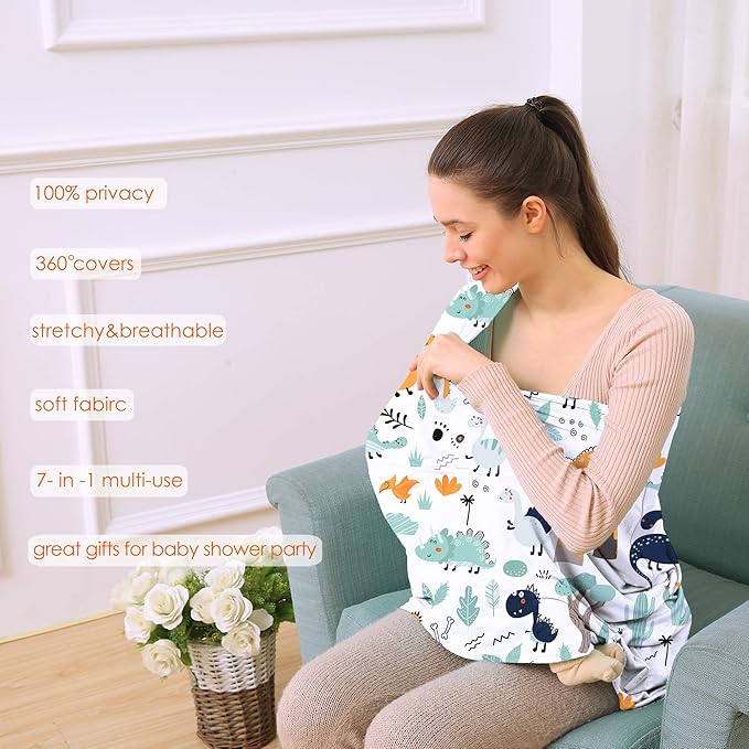 Multi-use Carseat Canopy Cover - Breathable Breastfeeding Covers, Car Seat Covers for Babies, Stroller Canopy Cover (Cute Dinosaur)