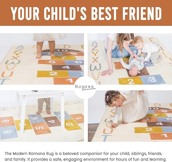 Washable Hopscotch Rug for Kids | Educational ABC & Numbers Carpet for Toddler Playroom or Classroom | 4.6' x 6.5' Non-Slip Play Mat | Neutral Decor