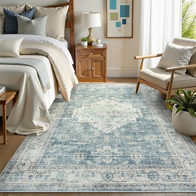 LIVEBOX Bedroom 4x6 Washable Area Rug for Entryway Kitchen, Non-Slip Soft Boho Rugs for Dining Room Office, Farmhouse Low-Pile Neutral Soft Carpet for Nursery Room Playroom, Blue