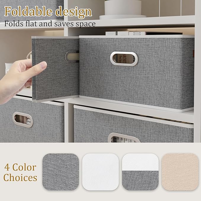 Yawinhe Fabric Storage Baskets, Foldable Closet Organizer for Shelves, Large Boxes with 3 Handles, Canvas Bins for Clothes, Grey, 12.99''Lx9.05''Wx7.87''H, 4-Pack