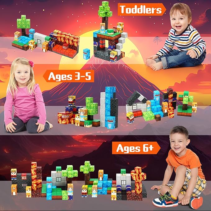 Dinosaur Magnetic Blocks,Dino Volcano World Magnet Building Toys, Sensory Montessori Toys for STEM Learning, Toddler Gift for Boys & Girls Age 3-4 4-5 6-8